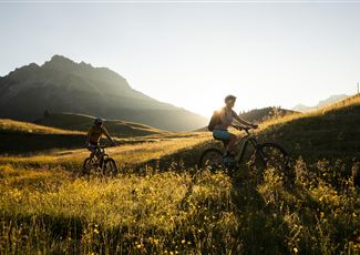 Zwei Radfahrer fahren durch eine blühende Wiese in den Bergen. Die Sonne scheint und die Landschaft ist wunderschön.