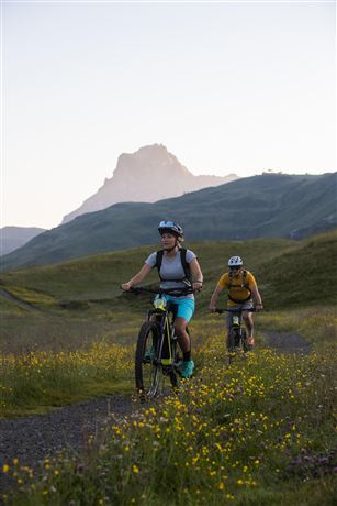 Zwei Radfahrer erkunden eine malerische Landschaft mit grünen Wiesen und blühenden Blumen. Im Hintergrund sind Berge unter einem klaren Himmel zu sehen.