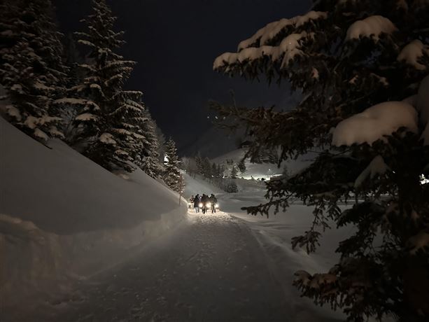 Eine Gruppe von Menschen steht im Schnee und hält Laternen in der Dämmerung. Im Hintergrund sind Berge und eine Schneelandschaft zu sehen.