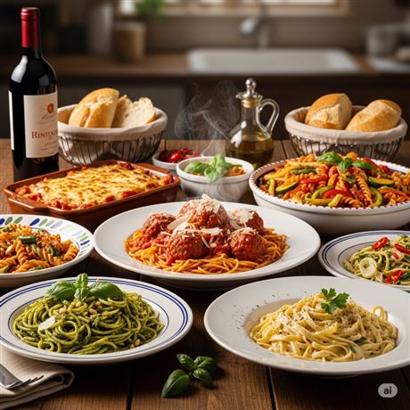 Ein köstliches italienisches Abendessen mit verschiedenen Pasta-Gerichten, Fleischbällchen und Lasagne. Dazu gibt es Rotwein, frisches Brot und Basilikum als Dekoration.