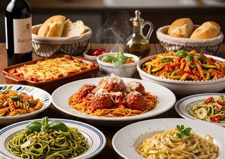 Ein köstliches italienisches Abendessen mit verschiedenen Pasta-Gerichten, Fleischbällchen und Lasagne. Dazu gibt es Rotwein, frisches Brot und Basilikum als Dekoration.