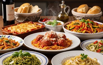Ein köstliches italienisches Abendessen mit verschiedenen Pasta-Gerichten, Fleischbällchen und Lasagne. Dazu gibt es Rotwein, frisches Brot und Basilikum als Dekoration.