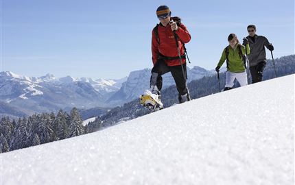 Eine Gruppe von Wanderern geht durch den Schnee in montaner Umgebung. Die Sonne scheint und die Berge sind im Hintergrund sichtbar.