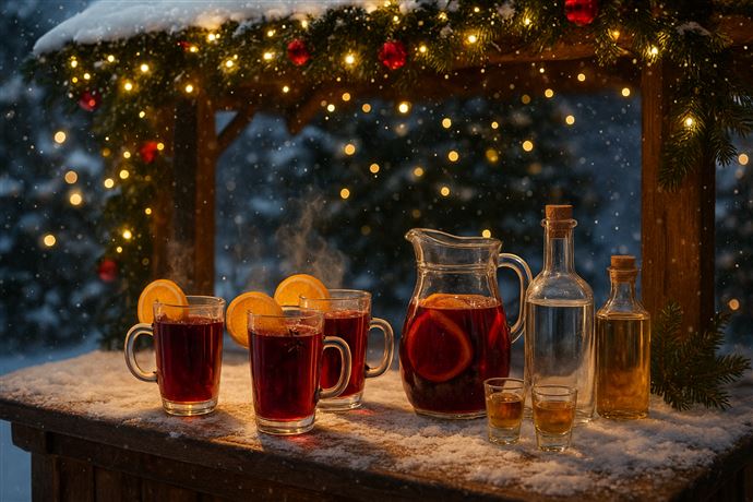 Eine gemütliche Winterlandschaft mit Glühwein in Gläsern und einer Kanne. Die Szenerie ist festlich beleuchtet und es fallen sanfte Schneeflocken.