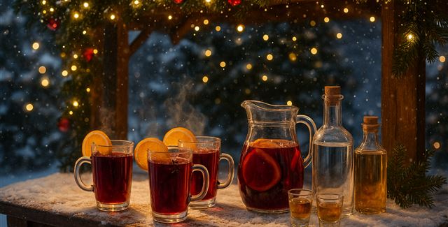 Eine gemütliche Winterlandschaft mit Glühwein in Gläsern und einer Kanne. Die Szenerie ist festlich beleuchtet und es fallen sanfte Schneeflocken.