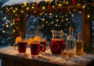 Eine gemütliche Winterlandschaft mit Glühwein in Gläsern und einer Kanne. Die Szenerie ist festlich beleuchtet und es fallen sanfte Schneeflocken.