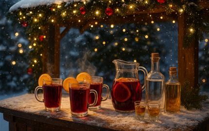 A cozy winter landscape with mulled wine in glasses and a jug. The scene is festively lit, and gentle snowflakes are falling.