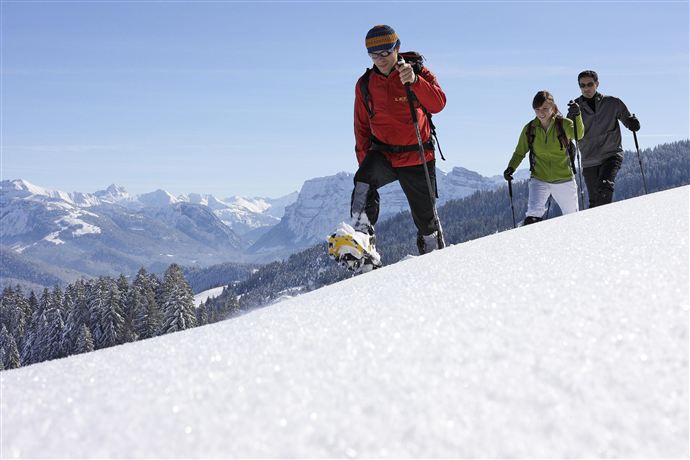 A group of people is hiking through the snow in the mountains.  
They are wearing winter clothing and enjoying the clear, sunny atmosphere.