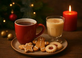 Ein roter Becher mit dampfendem Getränk steht neben einer Glastasse mit einer cremigen Flüssigkeit. Auf einem Teller liegen Weihnachtsplätzchen, darunter ein Lebkuchenmann und ein Sternkeks, während im Hintergrund eine Kerze brennt.