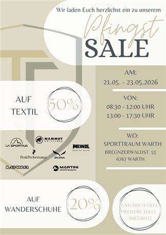 A promotional poster for a Pentecost sale featuring offers on textiles and hiking shoes. The event takes place from May 21 to May 23, 2026, at the Sporttraum Warth.