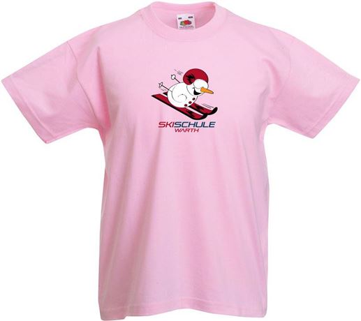 Ein pinkes T-Shirt mit einem fröhlichen Schneemann, der Ski fährt. Darunter steht "SKISCHULE WÄRTH".