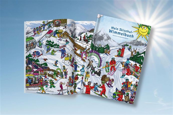 Ein aufgeschlagenes Kinderbuch mit bunter Wimmelbilder-Seite zeigt eine verschneite Landschaft. Das Cover des Buches trägt den Titel „Mein Bilderbuch Wimmelbuch“.