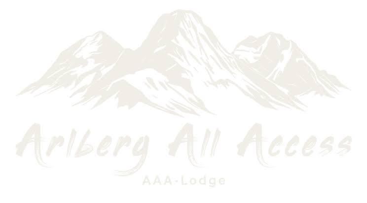 A logo featuring mountain graphics and the inscription "Arlberg All Access AAA-Lodge". The mountains appear in soft, bright colors.