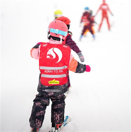 A group of children wearing ski helmets and ski clothing is learning to ski on a snowy slope. They are wearing bright vests with the wording "BORN TO SKI".