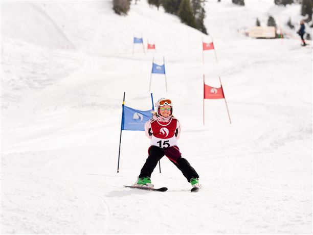 A young skier is going through a slalom course in the snow. He is wearing a red suit with the number 15 and has colorful ski equipment.