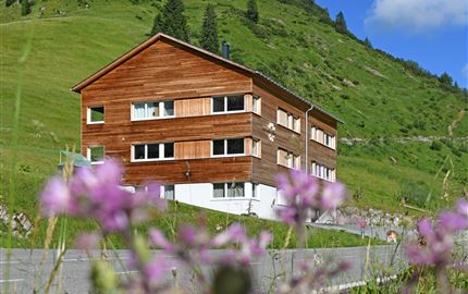 A wooden house surrounded by green hills and colorful flowers. The sky is clear and blue.