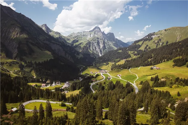 Eine malerische Berglandschaft mit grünen Wiesen und bewaldeten Hängen. Im Hintergrund sind majestätische Berge und ein blauer Himmel mit einigen Wolken zu sehen.