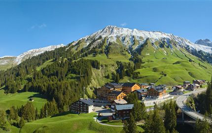 Een schilderachtig berglandschap met besneeuwde toppen en groene weiden. Op de voorgrond is een charmant dorp te zien met traditionele huizen.