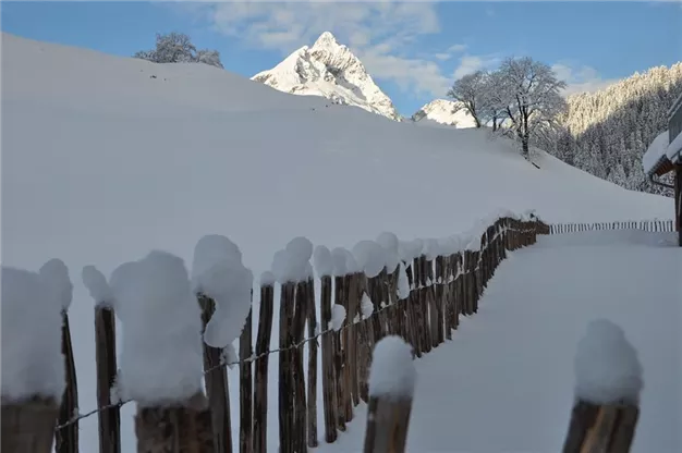 Eine verschneite Landschaft mit einem Holzzaun und schneebedeckten Fichten. Im Hintergrund ist ein hoher Berg unter blauem Himmel zu sehen.