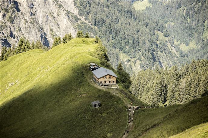 Ausblick auf den Nordalpenweg vorbei an der Schadona-Alpe